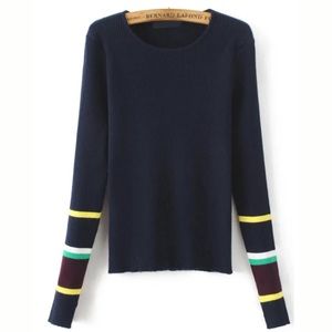 Navy Striped Trim Split Cuff Sweater